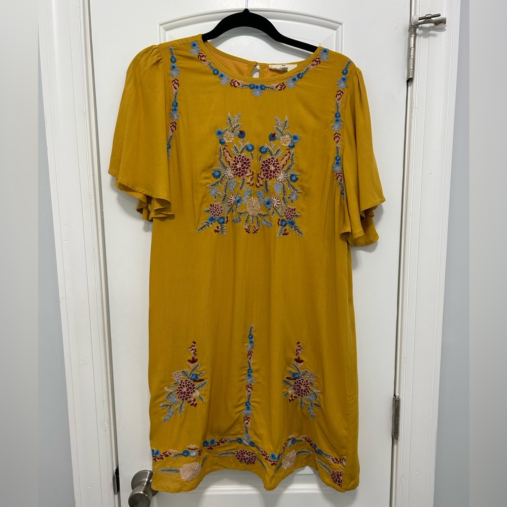 Yellow Floral Embroidered entro Dress